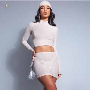 Diamanté mesh nude top & mini skirt set in nude mesh